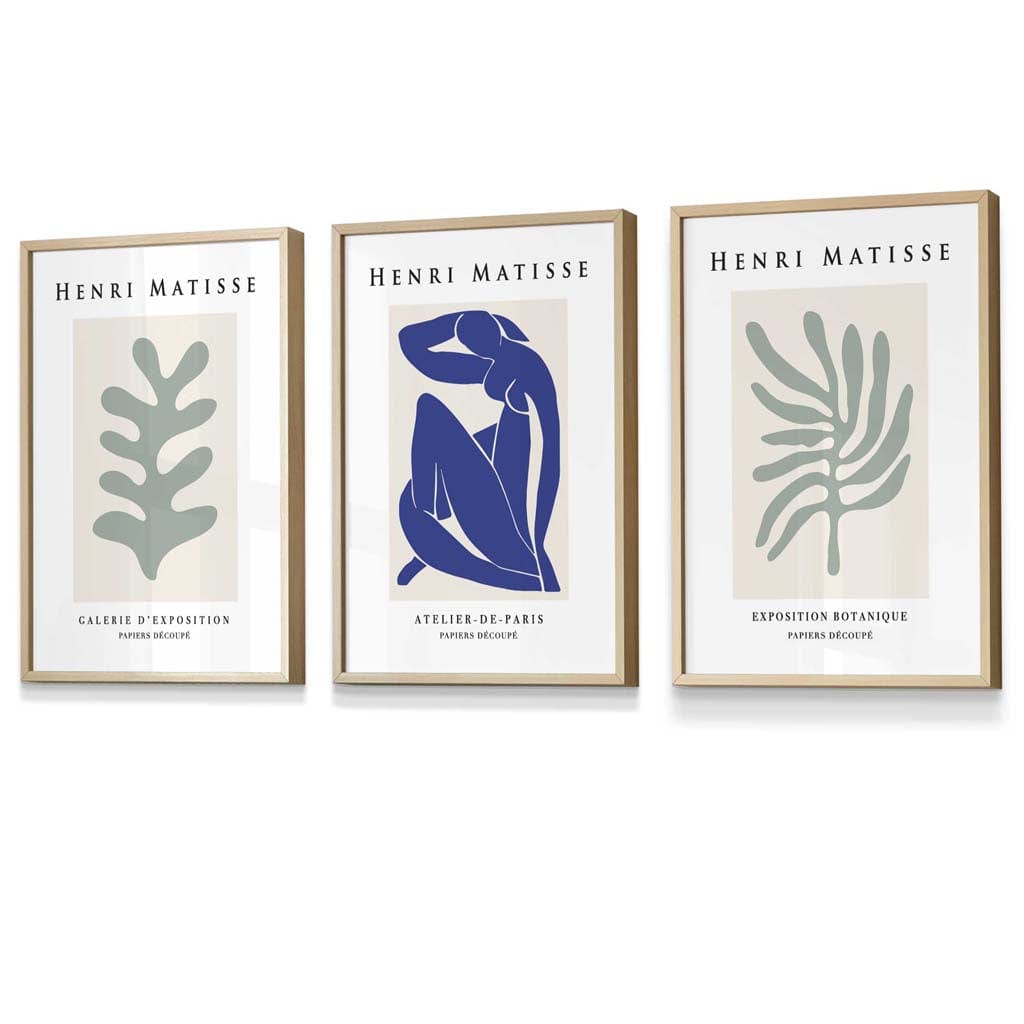 Set of 3 Framed Wall Art Prints Matisse Botanical Shapes with Nude in Green & Blue | Artze Wall Art UK