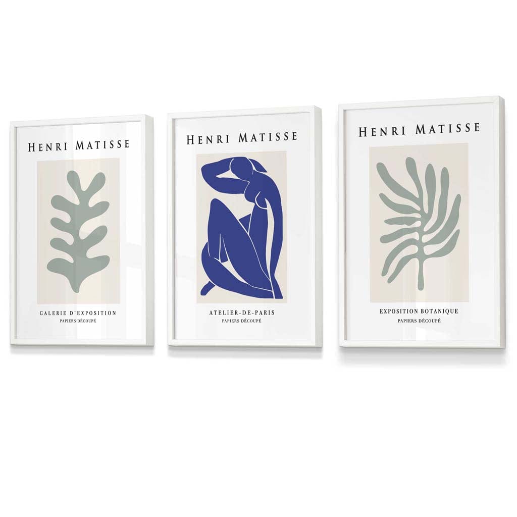Set of 3 Framed Wall Art Prints Matisse Botanical Shapes with Nude in Green & Blue | Artze Wall Art UK