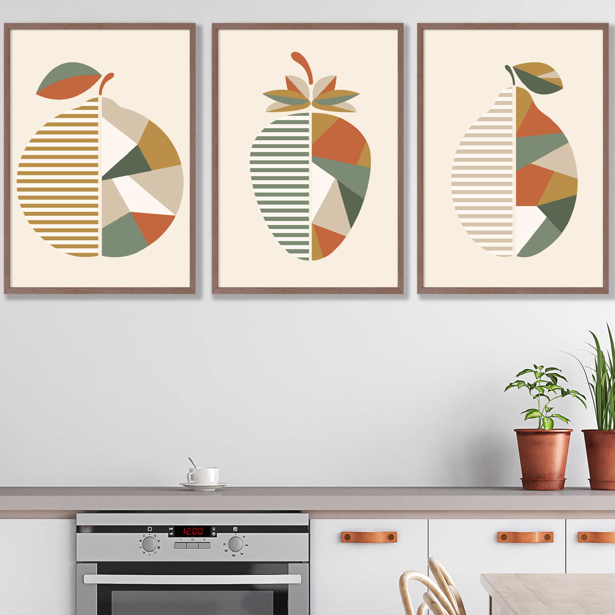 Set of 3 Autumn Geometric Strawberry Fruit Wall Art