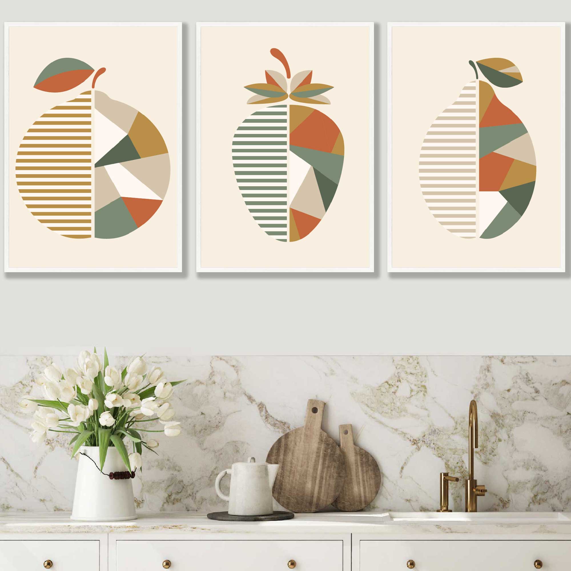 Set of 3 Autumn Geometric Strawberry Fruit Wall Art