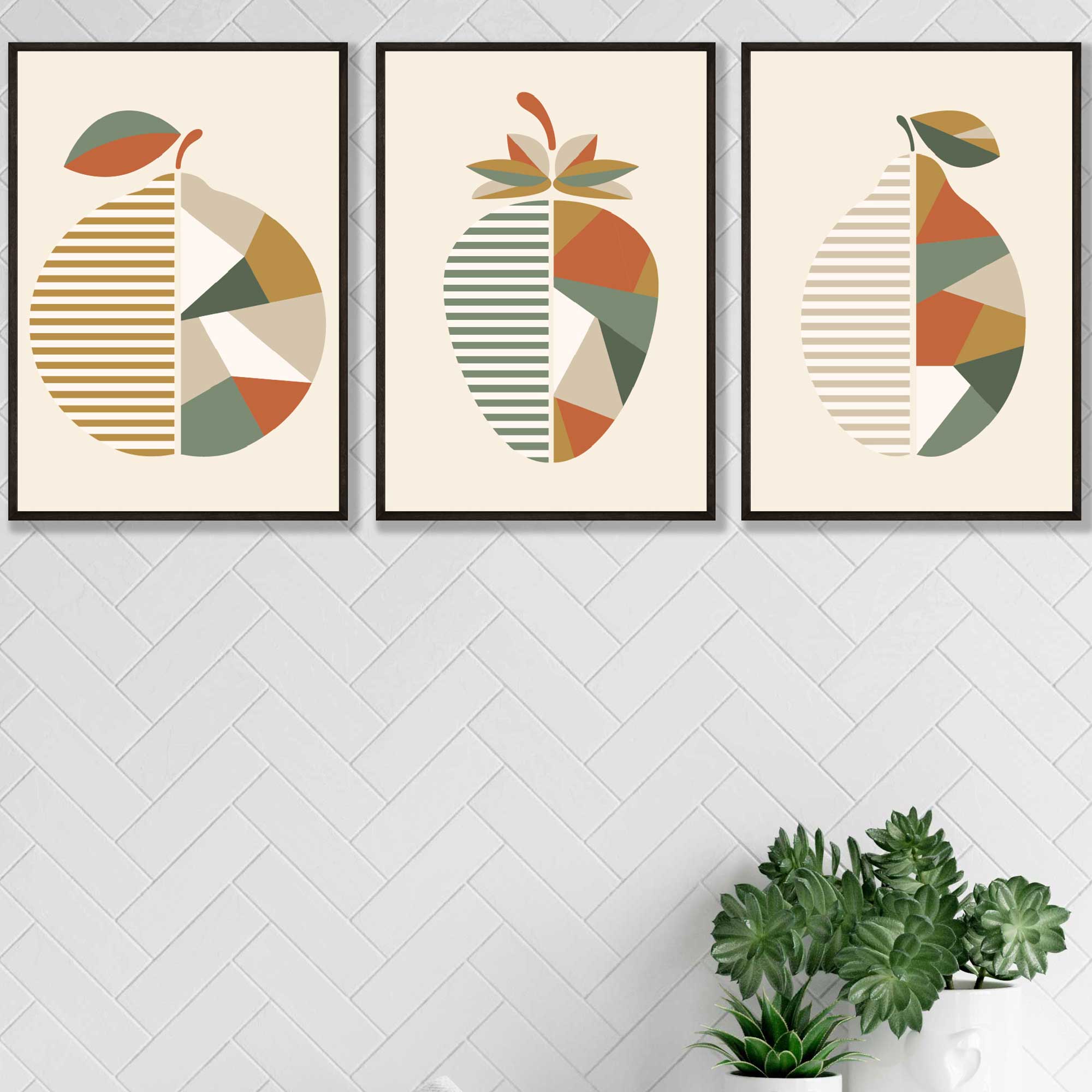 Set of 3 Autumn Geometric Strawberry Fruit Wall Art