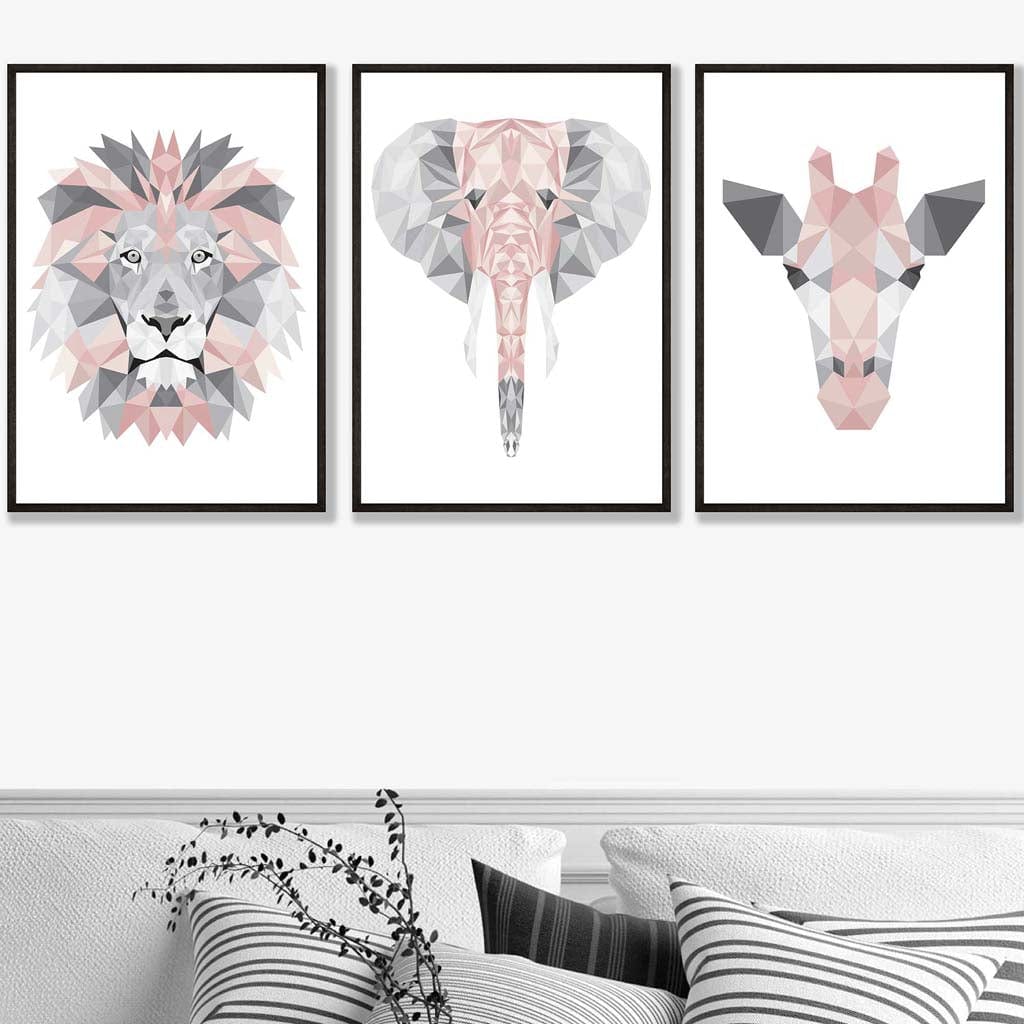 GEOMETRIC set of 3 BLUSH PINK & Grey Art Prints Jungle Heads Giraffe Lion Elephant