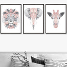 GEOMETRIC set of 3 BLUSH PINK & Grey Art Prints Jungle Heads Giraffe Lion Elephant