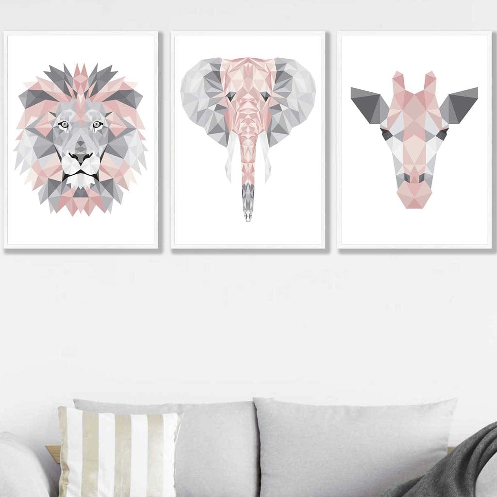 GEOMETRIC set of 3 BLUSH PINK & Grey Art Prints Jungle Heads Giraffe Lion Elephant