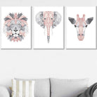 GEOMETRIC set of 3 BLUSH PINK & Grey Art Prints Jungle Heads Giraffe Lion Elephant