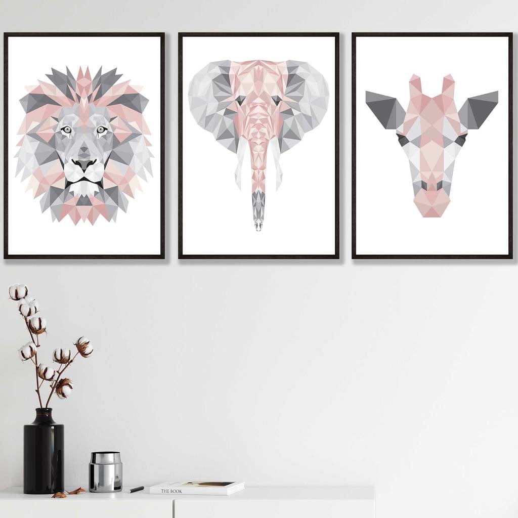 GEOMETRIC set of 3 BLUSH PINK & Grey Art Prints Jungle Heads Giraffe Lion Elephant