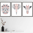 GEOMETRIC set of 3 BLUSH PINK & Grey Art Prints Jungle Heads Giraffe Lion Elephant
