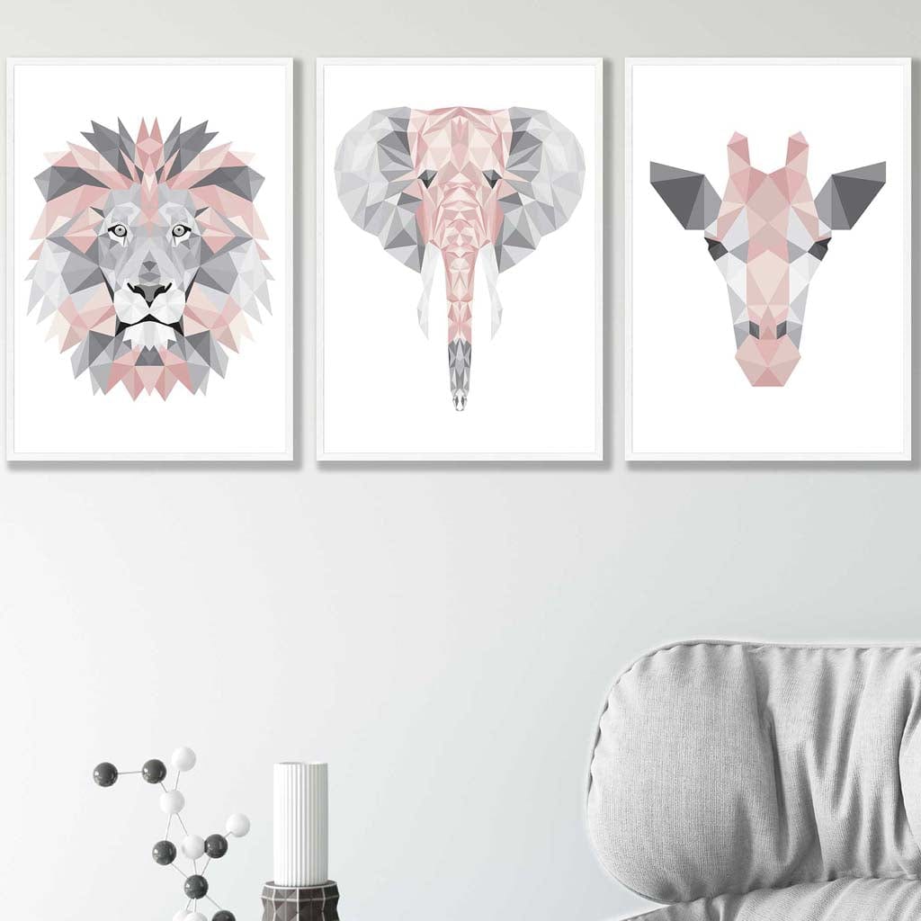 GEOMETRIC set of 3 BLUSH PINK & Grey Art Prints Jungle Heads Giraffe Lion Elephant