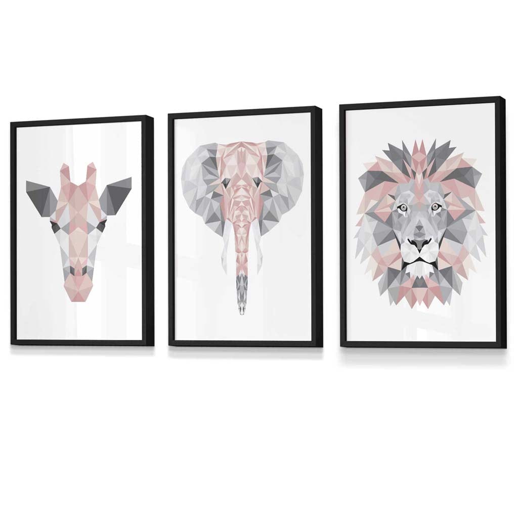 Framed Set of 3 Geometric Blush Pink and Grey JUNGLE HEADS Lion Elephant Giraffe | Artze Wall Art UK
