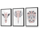 Framed Set of 3 Geometric Blush Pink and Grey JUNGLE HEADS Lion Elephant Giraffe | Artze Wall Art UK