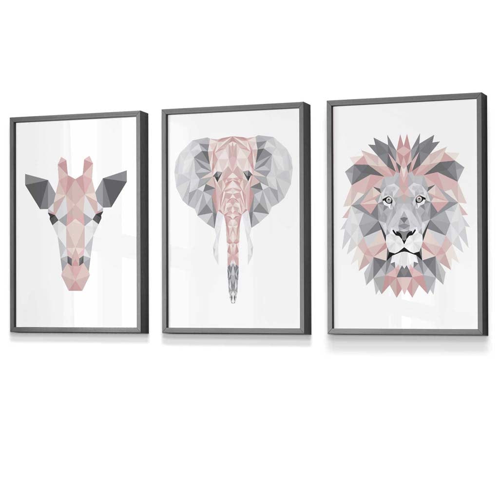 Framed Set of 3 Geometric Blush Pink and Grey JUNGLE HEADS Lion Elephant Giraffe | Artze Wall Art UK