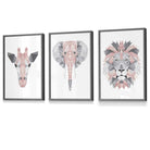 Framed Set of 3 Geometric Blush Pink and Grey JUNGLE HEADS Lion Elephant Giraffe | Artze Wall Art UK