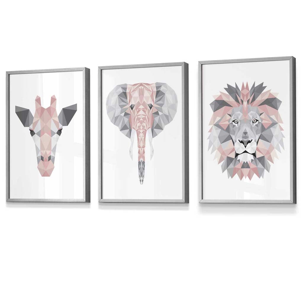 Framed Set of 3 Geometric Blush Pink and Grey JUNGLE HEADS Lion Elephant Giraffe | Artze Wall Art UK