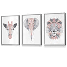 Framed Set of 3 Geometric Blush Pink and Grey JUNGLE HEADS Lion Elephant Giraffe | Artze Wall Art UK