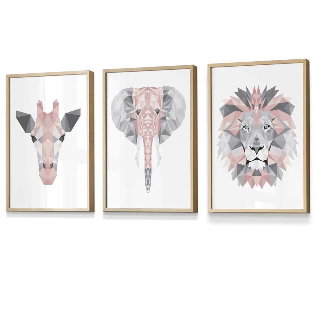 Framed Set of 3 Geometric Blush Pink and Grey JUNGLE HEADS Lion Elephant Giraffe | Artze Wall Art UK