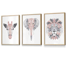 Framed Set of 3 Geometric Blush Pink and Grey JUNGLE HEADS Lion Elephant Giraffe | Artze Wall Art UK