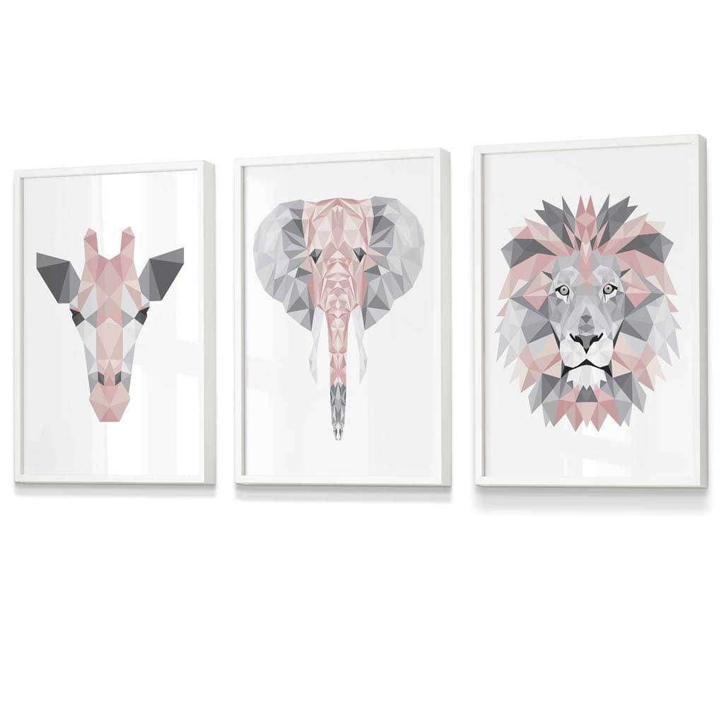 Framed Set of 3 Geometric Blush Pink and Grey JUNGLE HEADS Lion Elephant Giraffe | Artze Wall Art UK