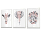 Framed Set of 3 Geometric Blush Pink and Grey JUNGLE HEADS Lion Elephant Giraffe | Artze Wall Art UK
