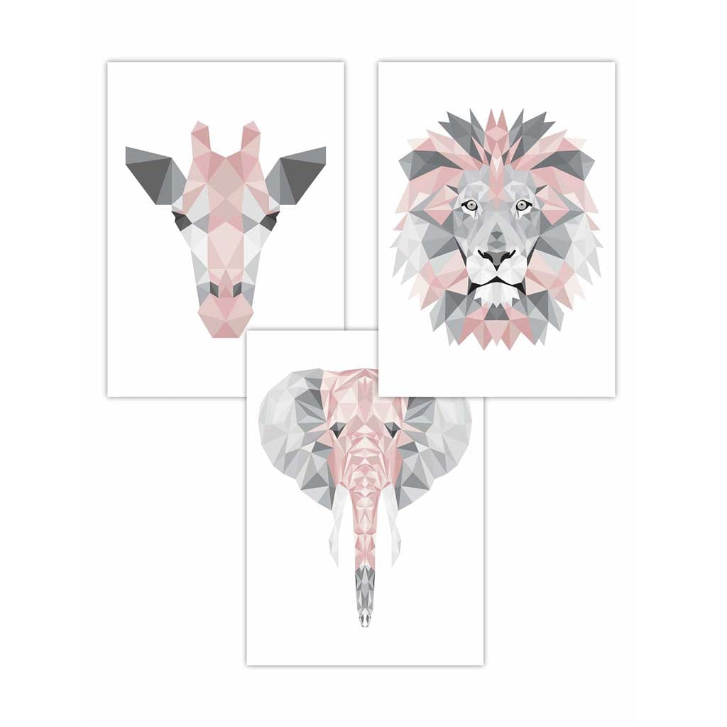 GEOMETRIC set of 3 BLUSH PINK & Grey Art Prints Jungle Heads Giraffe Lion Elephant
