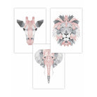 GEOMETRIC set of 3 BLUSH PINK & Grey Art Prints Jungle Heads Giraffe Lion Elephant