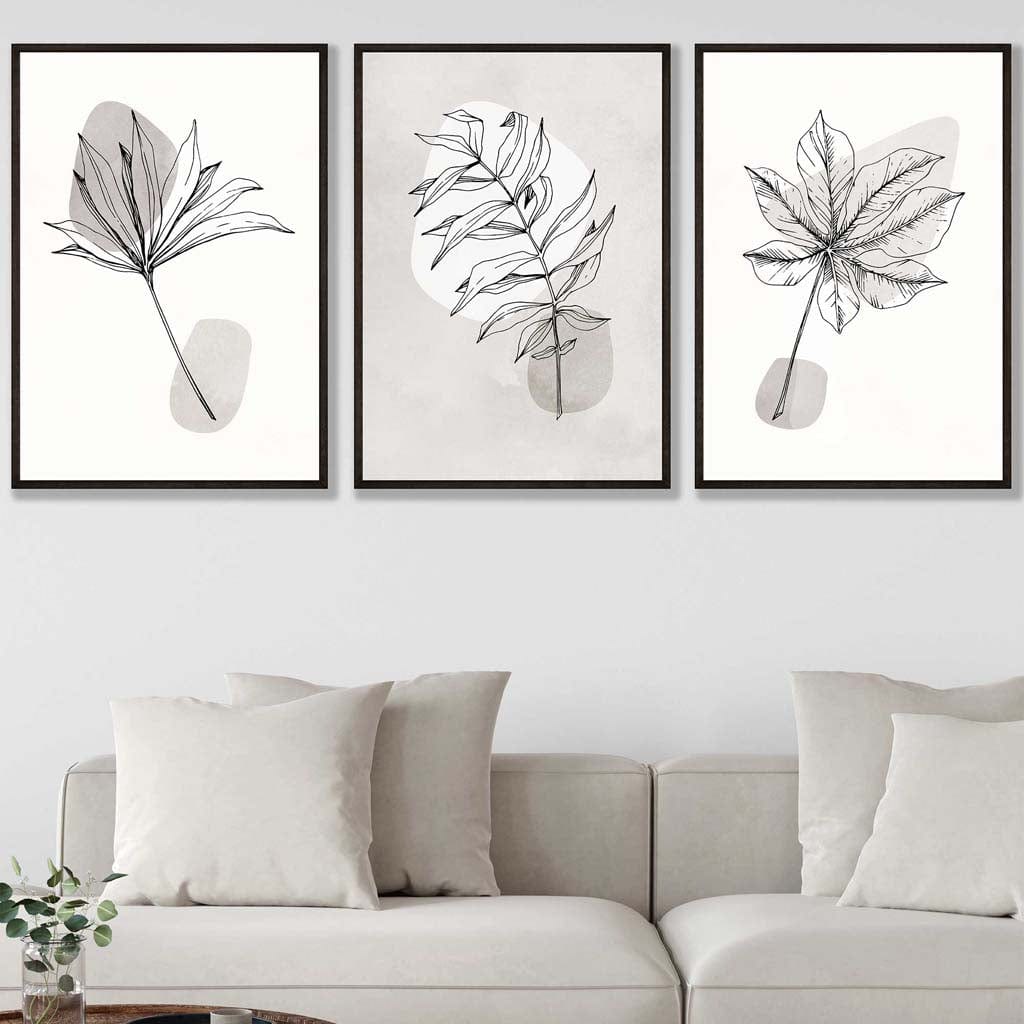 Set of 3 Grey Beige Botanical Line Art Posters