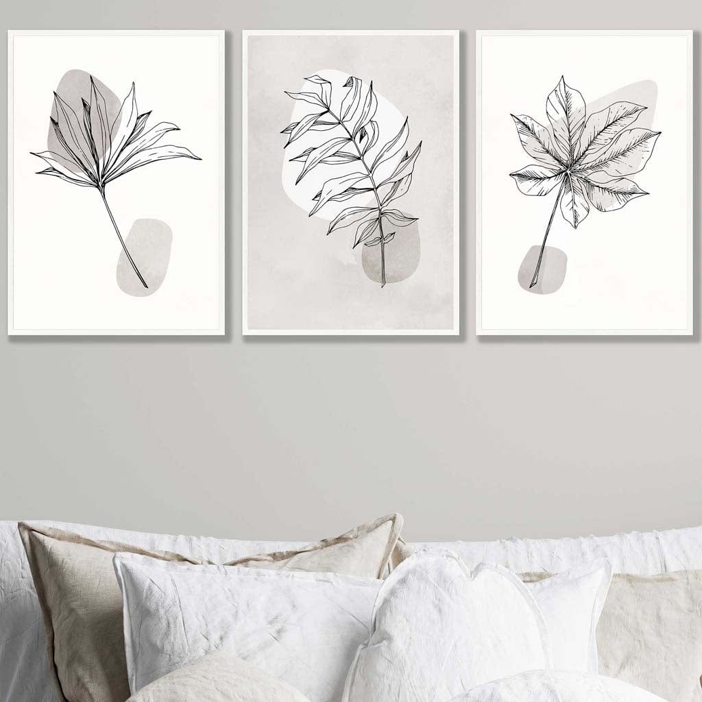 Set of 3 Grey Beige Botanical Line Art Posters