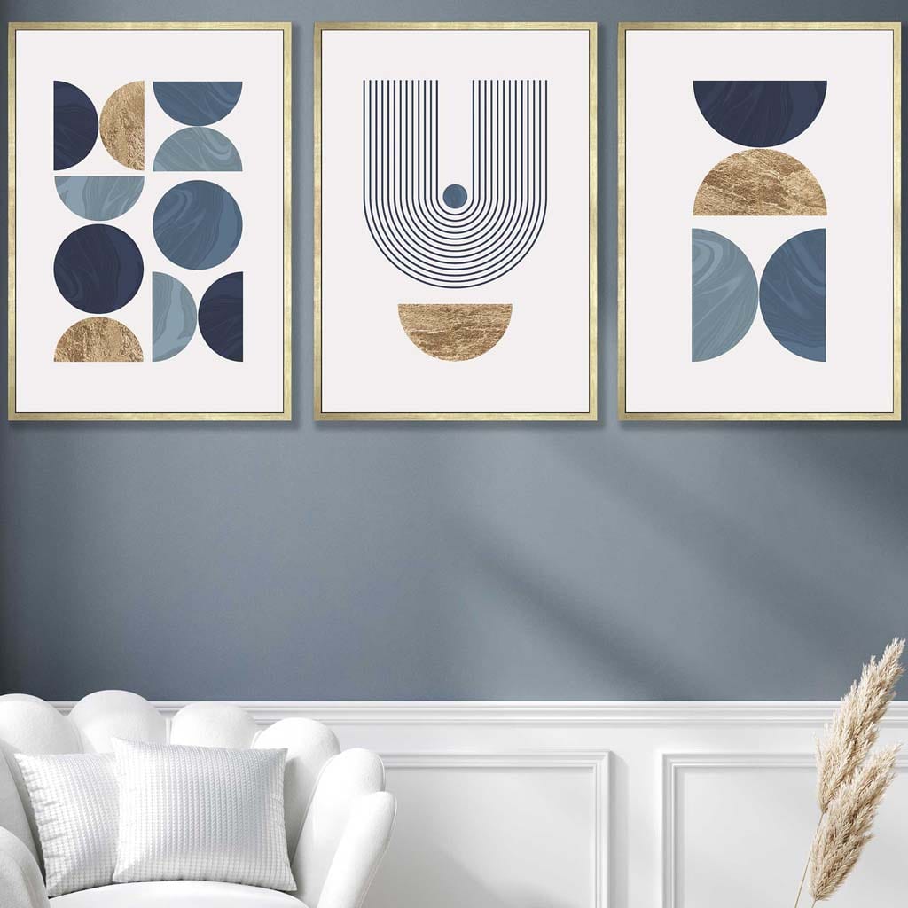 Set of 3 Geometric Wall Art Posters in Blue and Gold