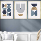 Set of 3 Geometric Wall Art Posters in Blue and Gold