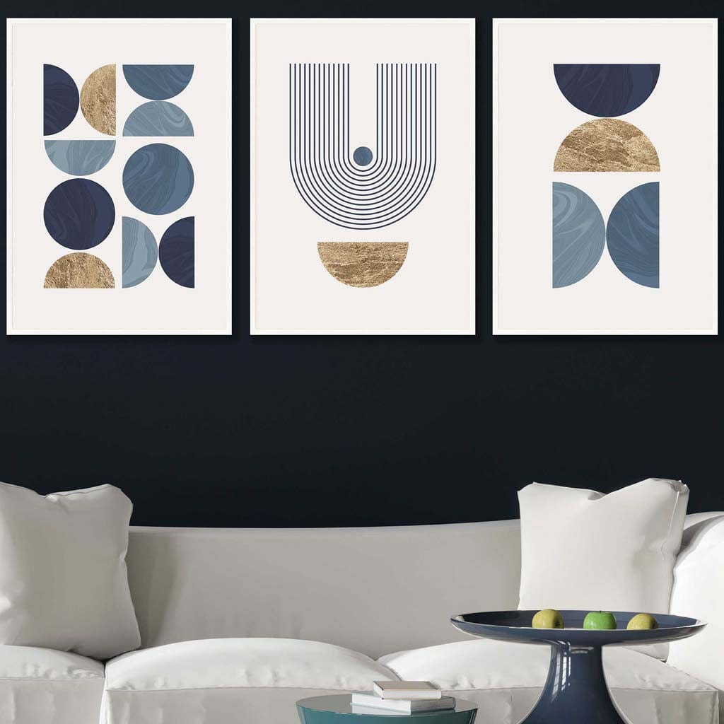 Set of 3 Geometric Wall Art Posters in Blue and Gold