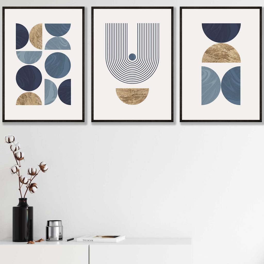 Set of 3 Geometric Wall Art Posters in Blue and Gold