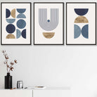 Set of 3 Geometric Wall Art Posters in Blue and Gold