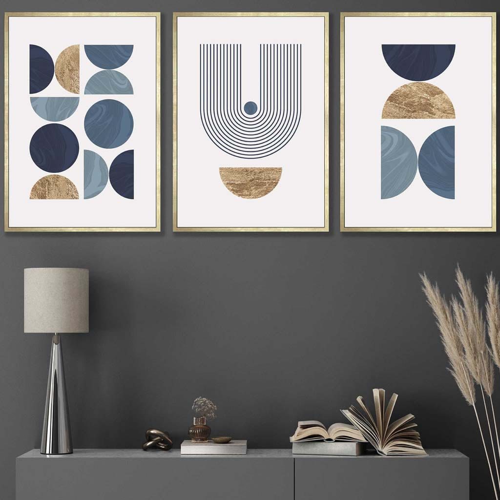 Set of 3 Geometric Wall Art Posters in Blue and Gold