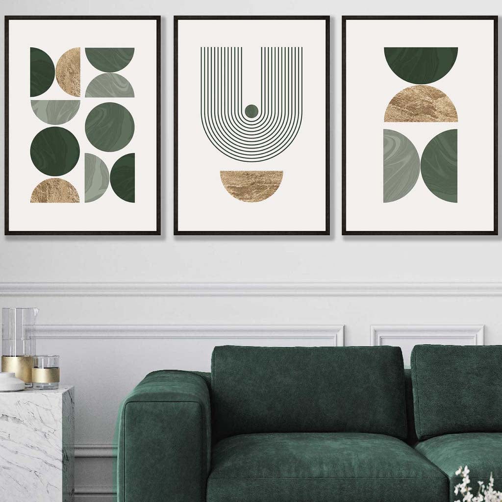 Set of 3 Geometric Wall Art Posters in Green and Gold