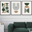 Set of 3 Geometric Wall Art Posters in Green and Gold