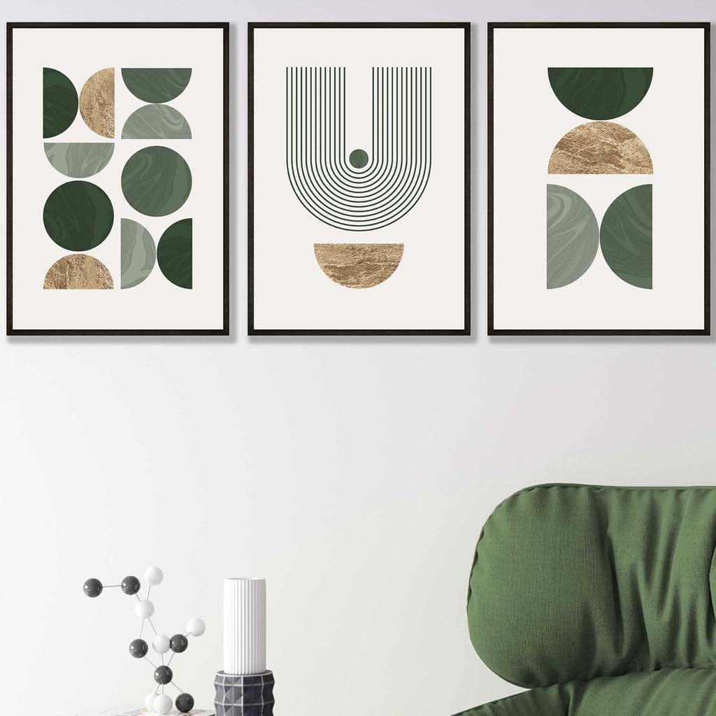 Set of 3 Geometric Wall Art Posters in Green and Gold