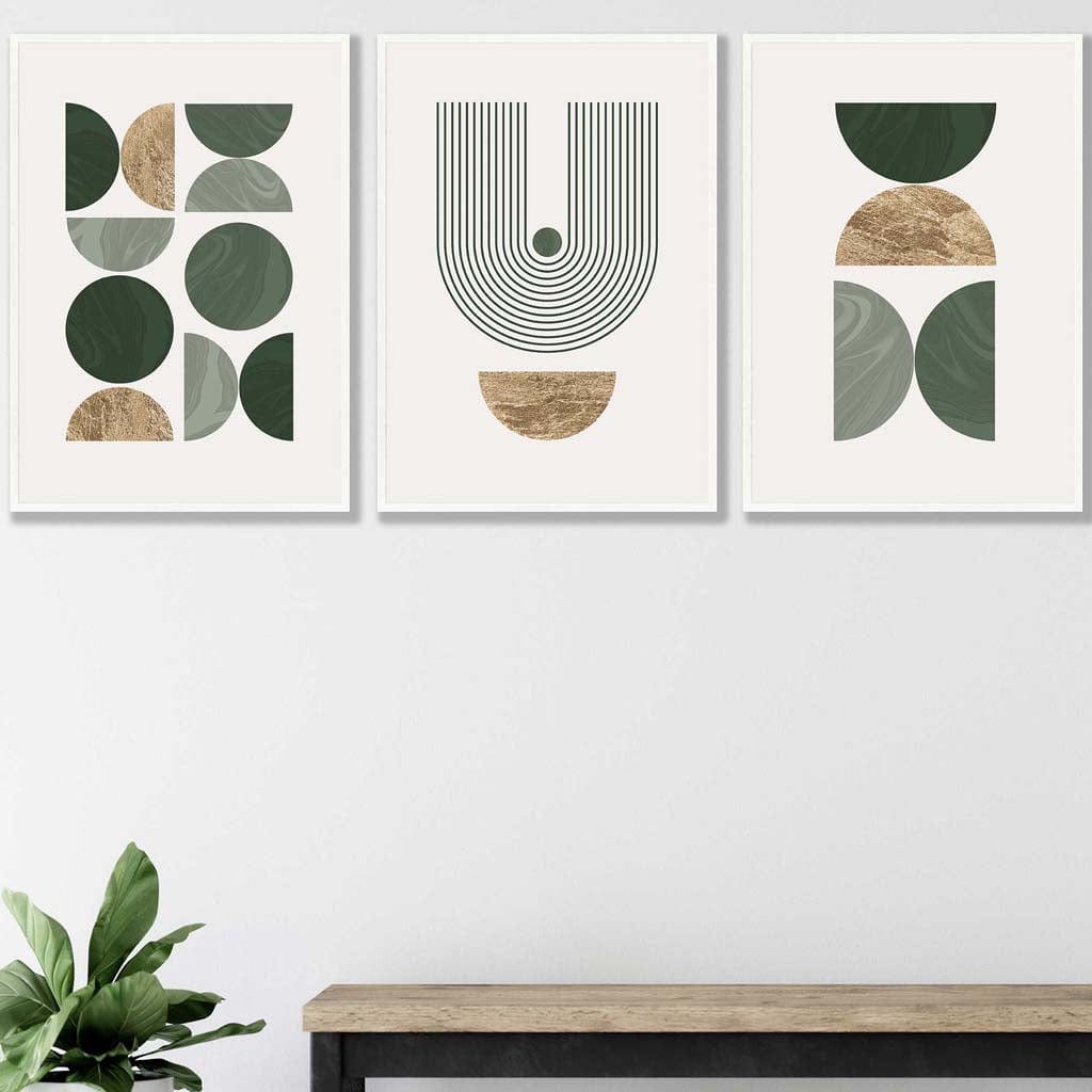 Set of 3 Geometric Wall Art Posters in Green and Gold