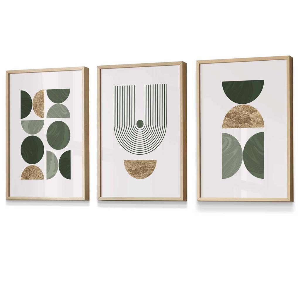 Set of 3 Mid Century Geometric in Green and Gold Framed Wall Art