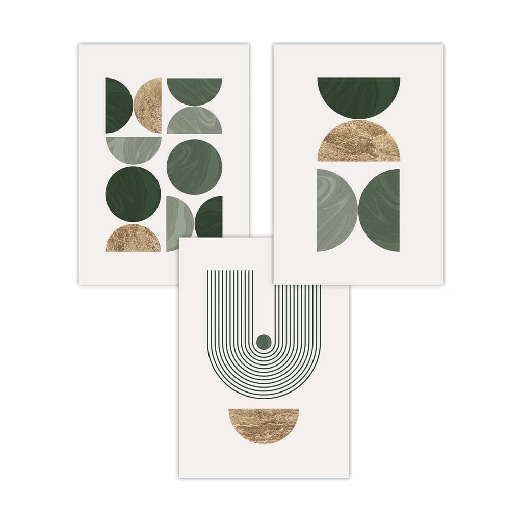 Set of 3 Geometric Wall Art Posters in Green and Gold