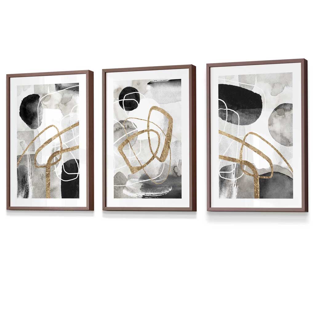Abstract Black Grey & Gold Shapes Set of 3 Framed Wall Art Prints | Artze Wall Art UK