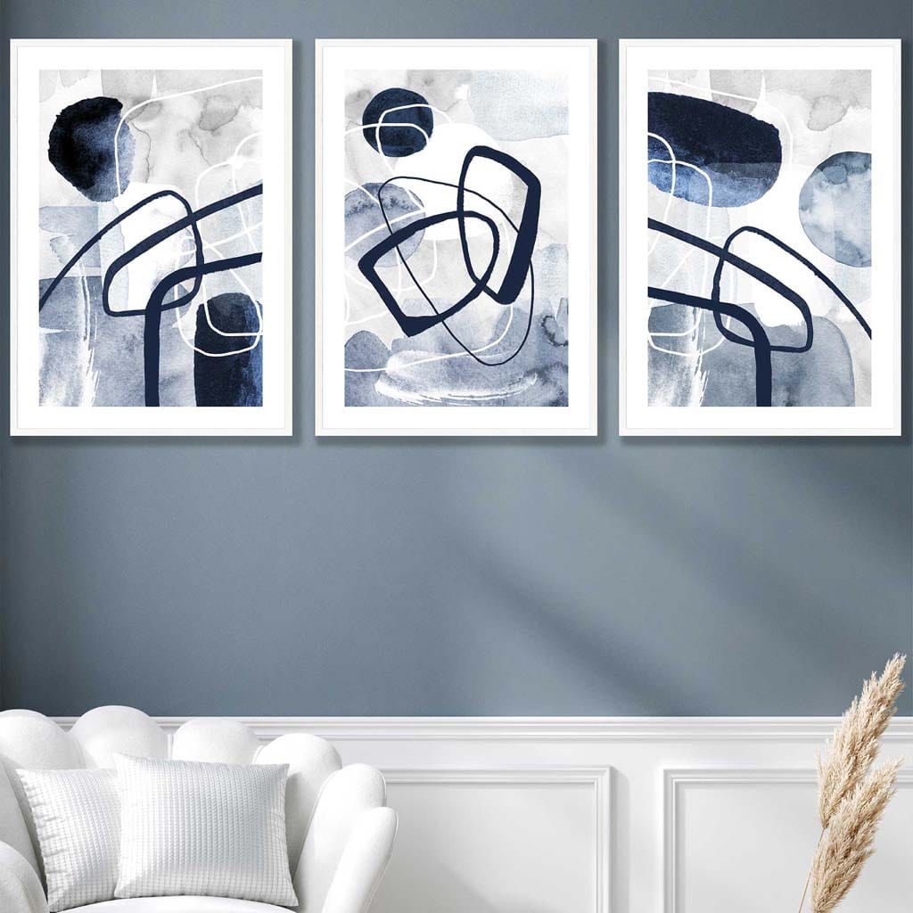Set of 3 Abstract Navy Blue Watercolour Posters