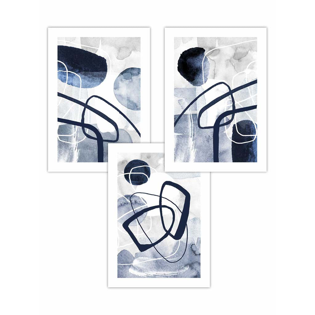 Set of 3 Abstract Navy Blue Watercolour Posters