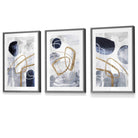 Abstract Navy Blue and Gold Shapes Set of 3 Framed Wall Art Prints | Artze Wall Art UK