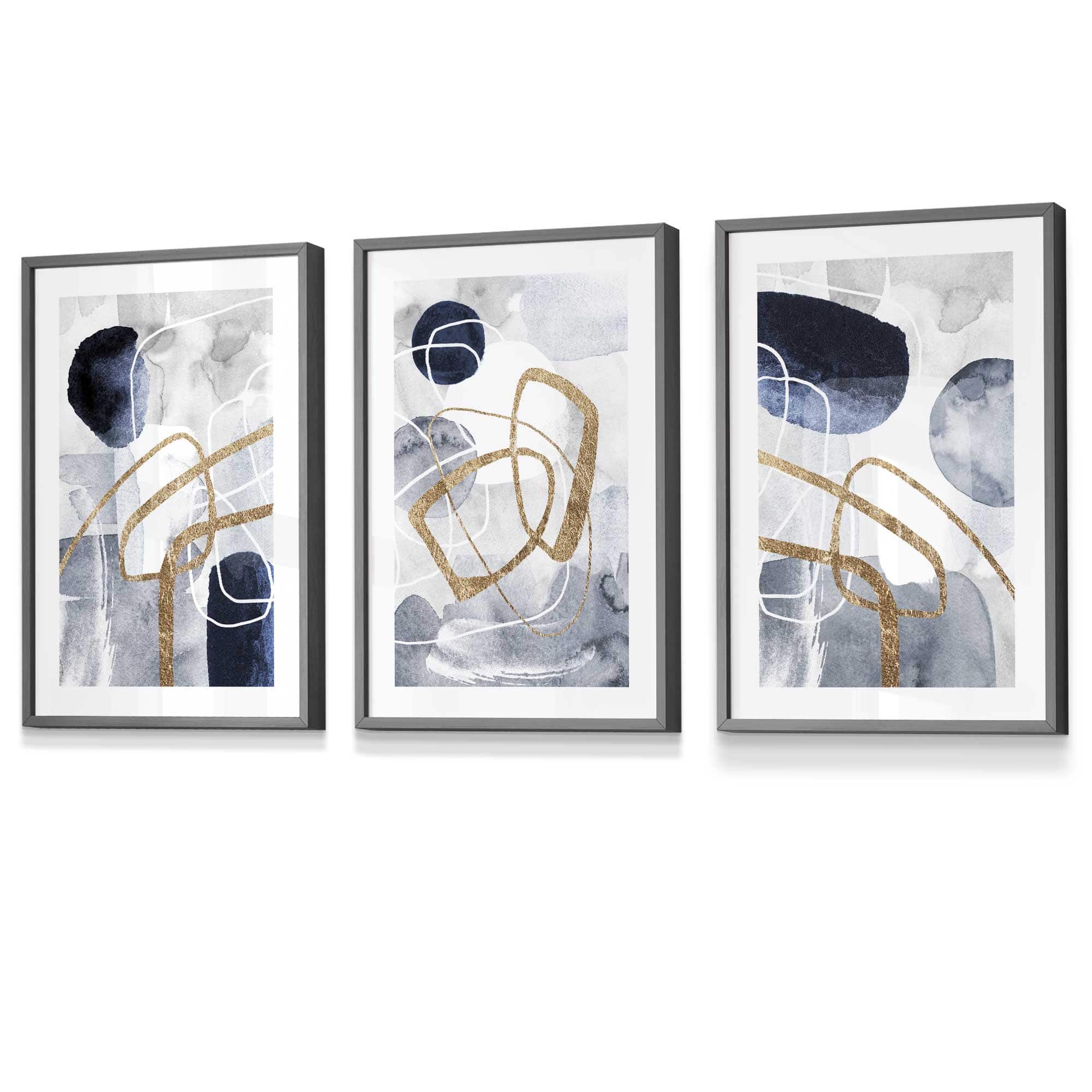 Abstract Navy Blue and Gold Shapes Set of 3 Framed Wall Art Prints | Artze Wall Art UK
