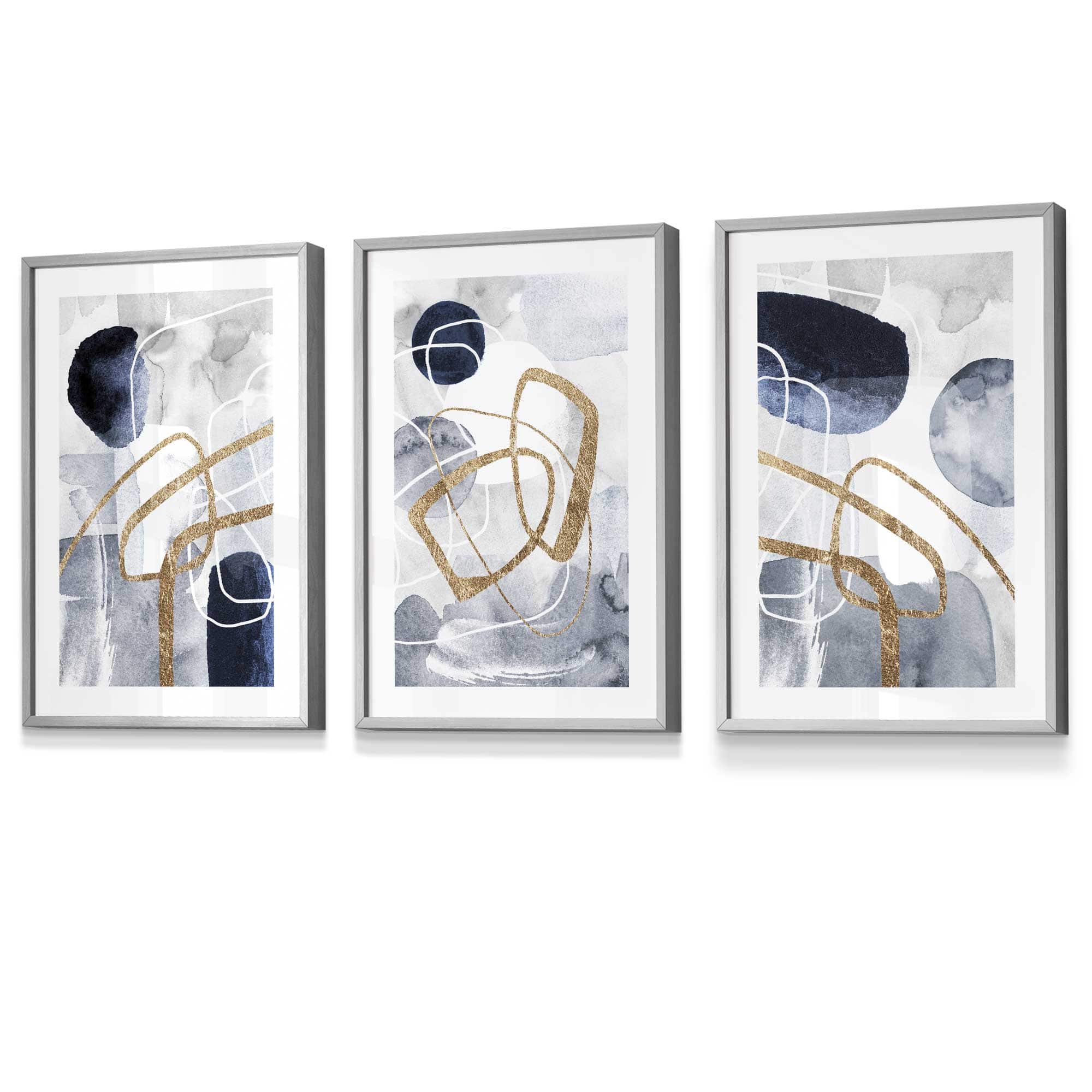 Abstract Navy Blue and Gold Shapes Set of 3 Framed Wall Art Prints | Artze Wall Art UK