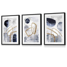 Abstract Navy Blue and Gold Shapes Set of 3 Framed Wall Art Prints | Artze Wall Art UK