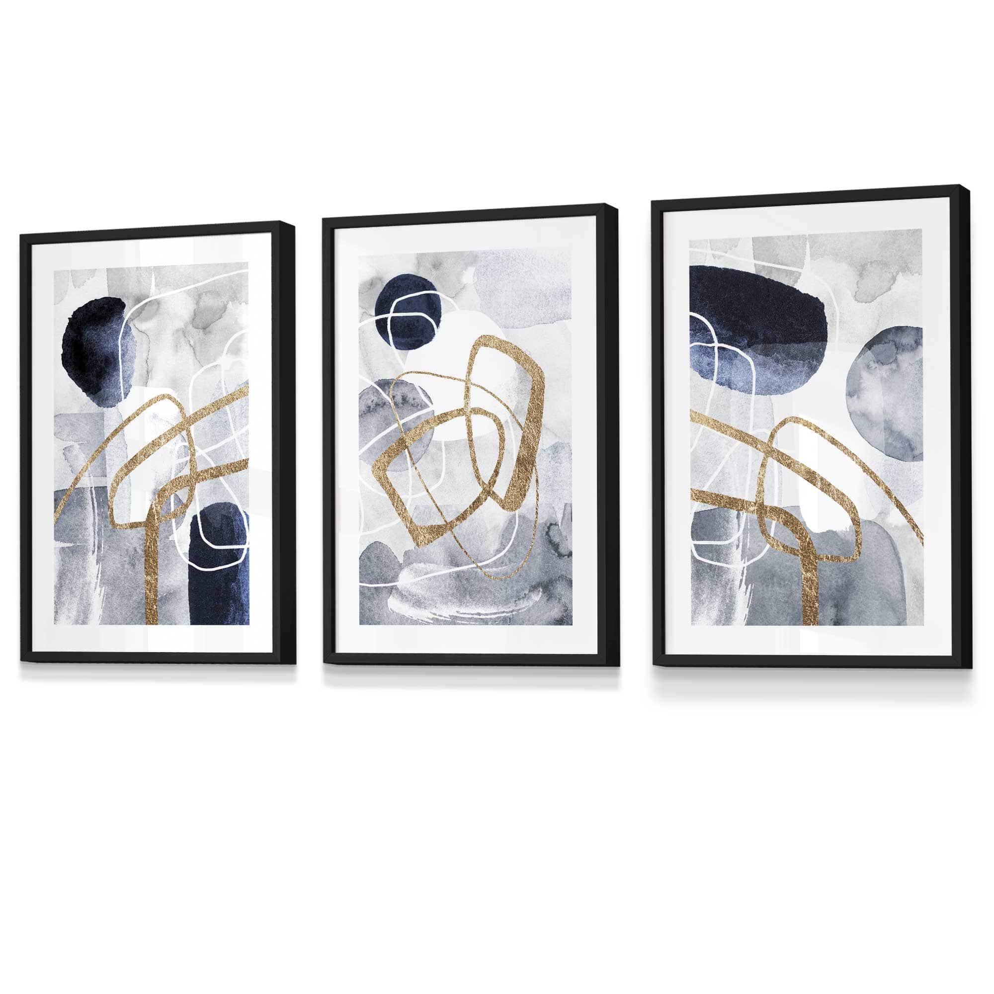 Abstract Navy Blue and Gold Shapes Set of 3 Framed Wall Art Prints | Artze Wall Art UK