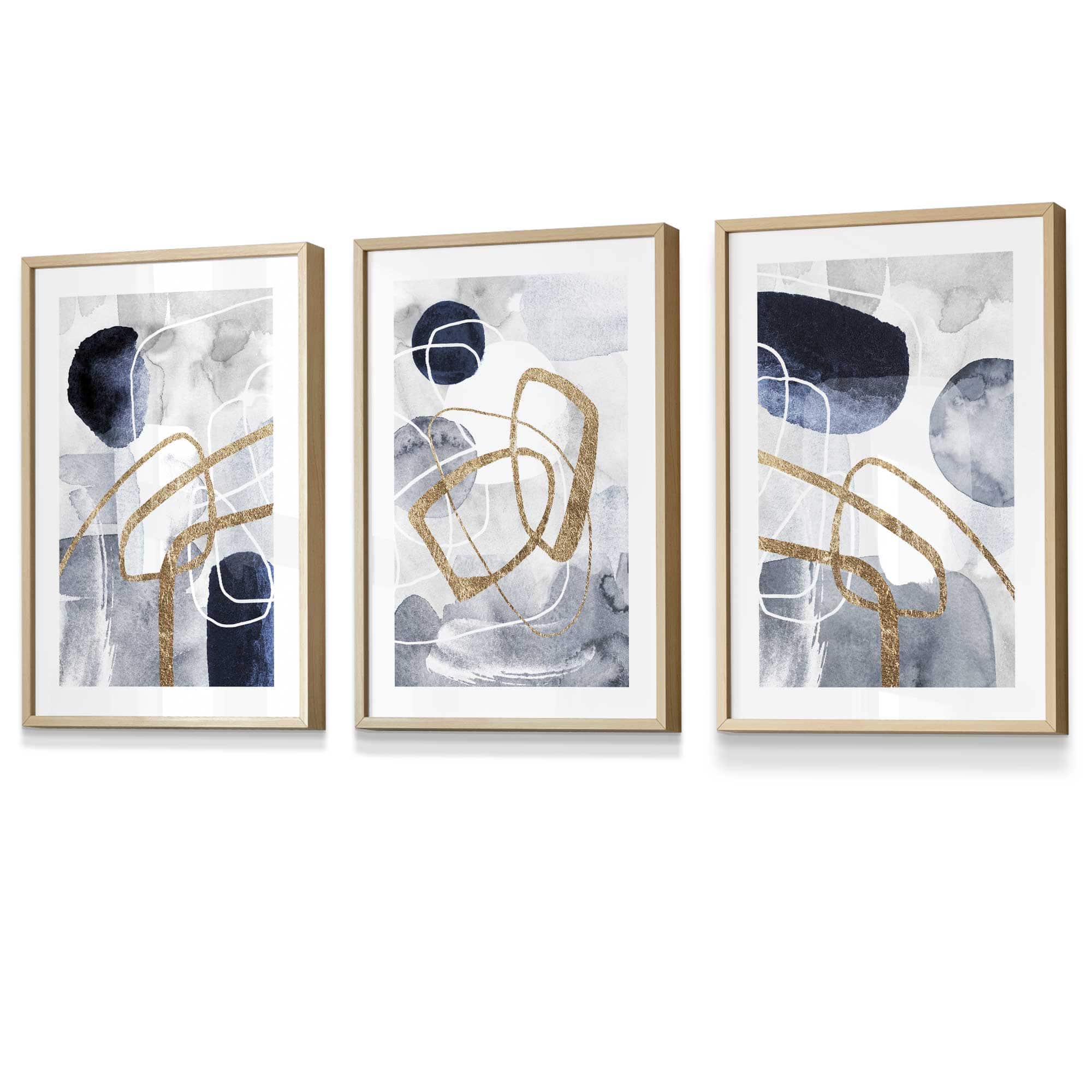 Abstract Navy Blue and Gold Shapes Set of 3 Framed Wall Art Prints | Artze Wall Art UK
