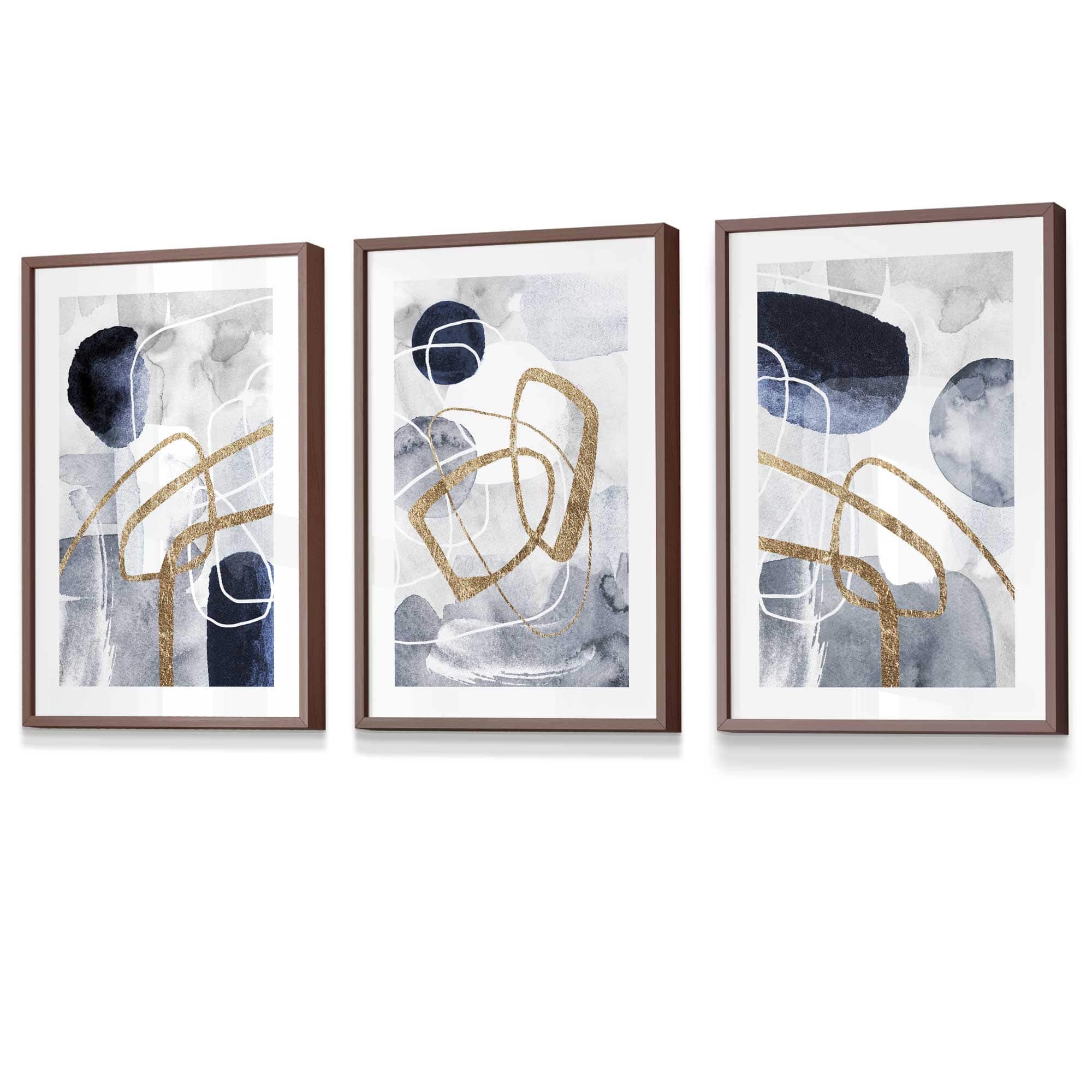 Abstract Navy Blue and Gold Shapes Set of 3 Framed Wall Art Prints | Artze Wall Art UK