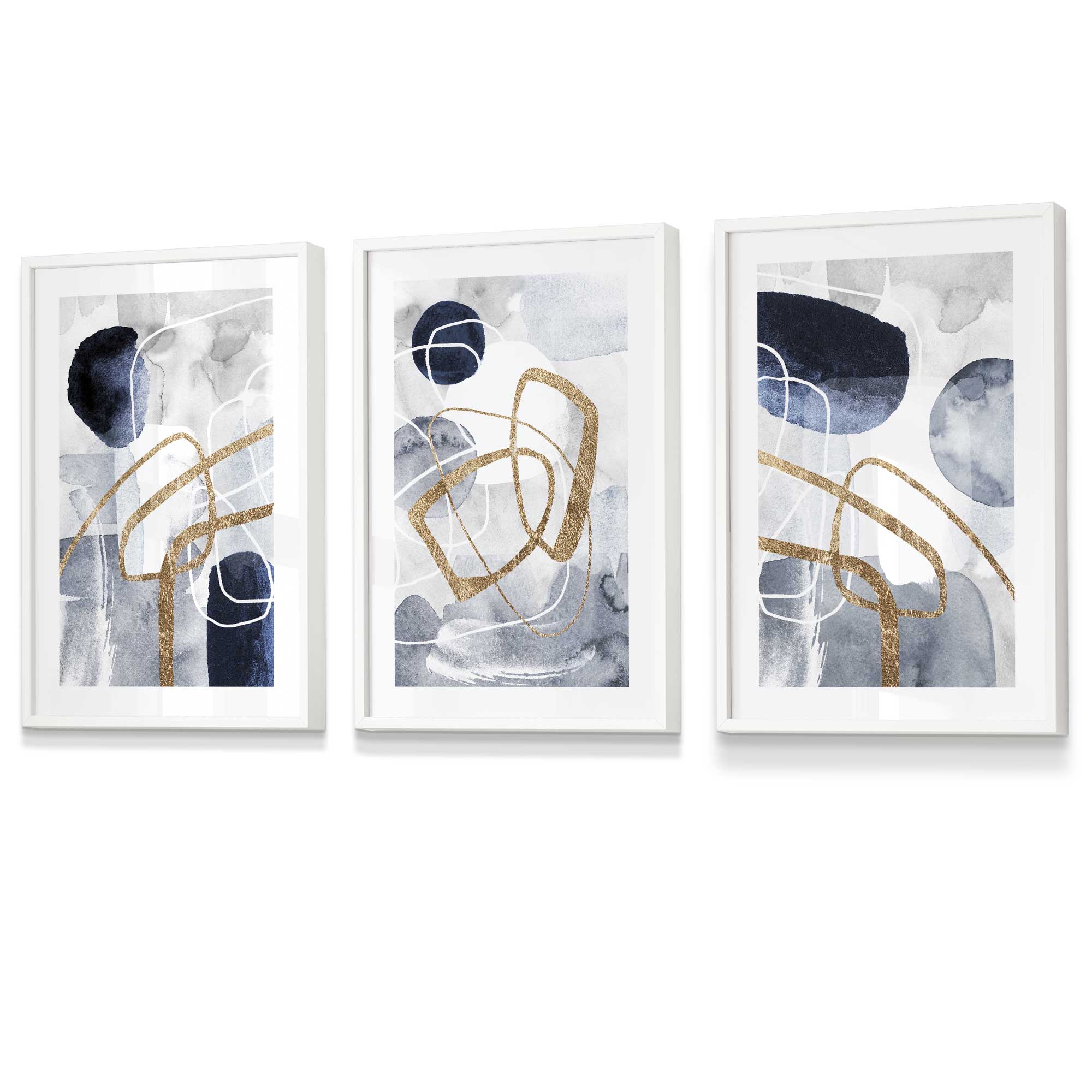 Abstract Navy Blue and Gold Shapes Set of 3 Framed Wall Art Prints | Artze Wall Art UK