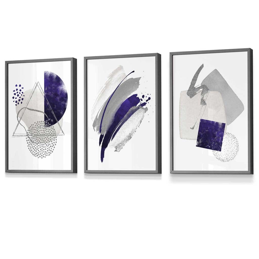 Set of 3 Abstract Purple Silver Watercolour Shapes Framed Art Prints | Artze Wall Art UK